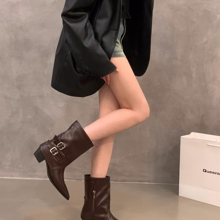 Pointed High-heeled Brown Small Short Boots Women's Shoes 2025 New Spring and Autumn Single Boots Retro Belt Buckle Medium Tube Pants Tube Boots
