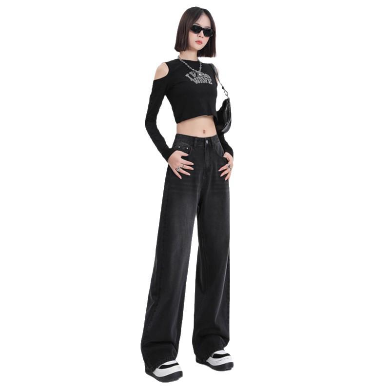 Damen Jeans Schwarz-Grau, Hoher Bund, Weiter Bein, Herbst 2025 Stil, Schlankmachende und Vielseitige Bodenlange Hose.