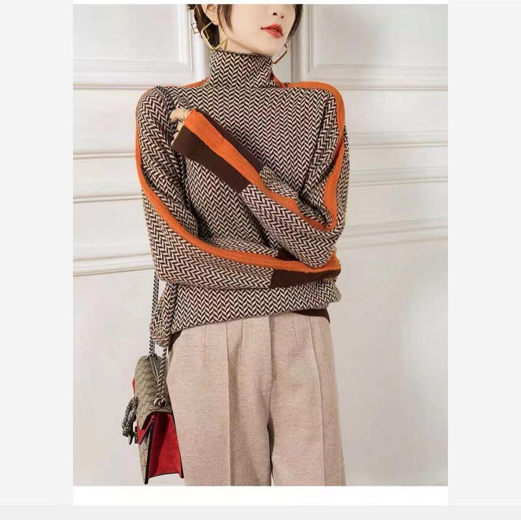 Women's Slimming Striped High Neck Long Sleeve Sweater, Petite Fit, Autumn/Winter 2025 European Style.