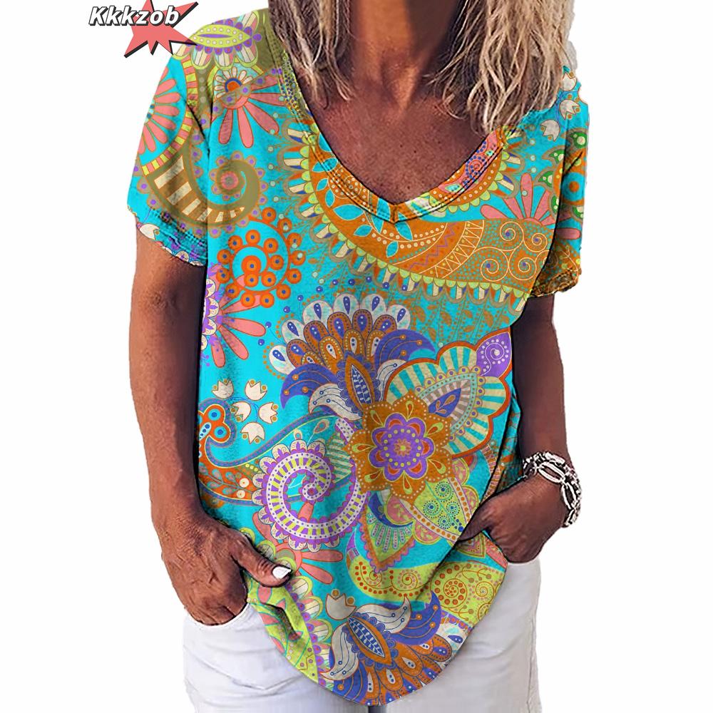 Vintage Print Top Women Short Sleeved Streetwear Summer Tee Women's Fashion Casual V Neck T Shirts Y2k Oversized Female Clothing