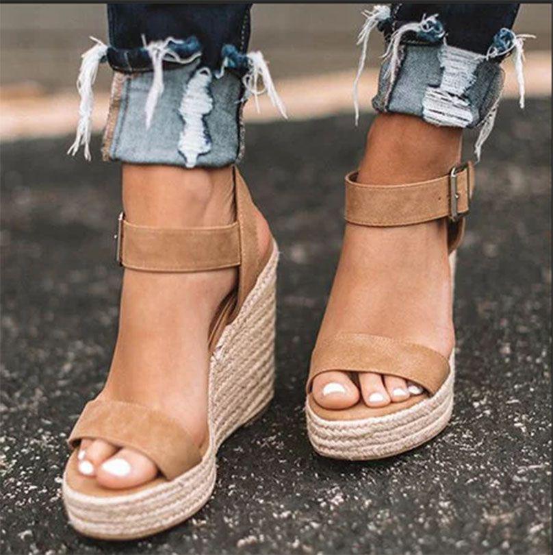 Elegant Summer Hemp Ladies Peep Toe Rope Wedge Sandals With Buckle Ankle Strap