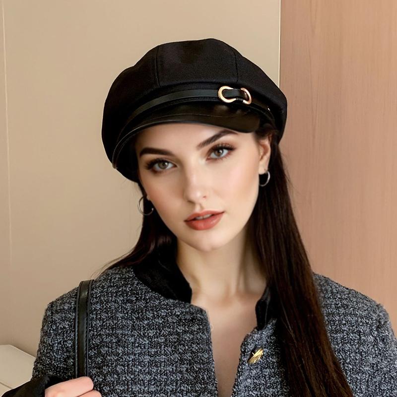 1PC Peak Cap Vintage Belt Buckle Design Gift Accessories Versatile Beret Cool Leather Brim Fashion Octagonal Hat Warmth 58-60cm