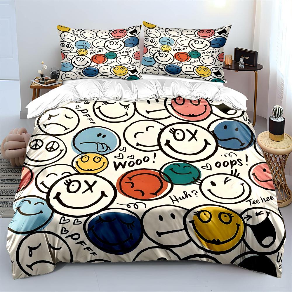 Vibrant Cartoon Smiley Faces Pattern Print Bedding Set 1 Duvet Cover 2 Pillowcases for Adult and Children Luxury Gift Full Size