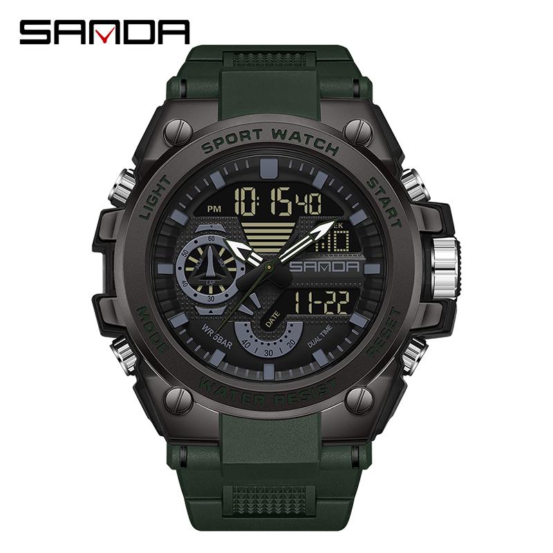

SANDA Luxury LED Dual Display Digital Quartz Watch for Men Shockproof Waterproof Sports Wristwatches Student Watch чёрный/зелёный