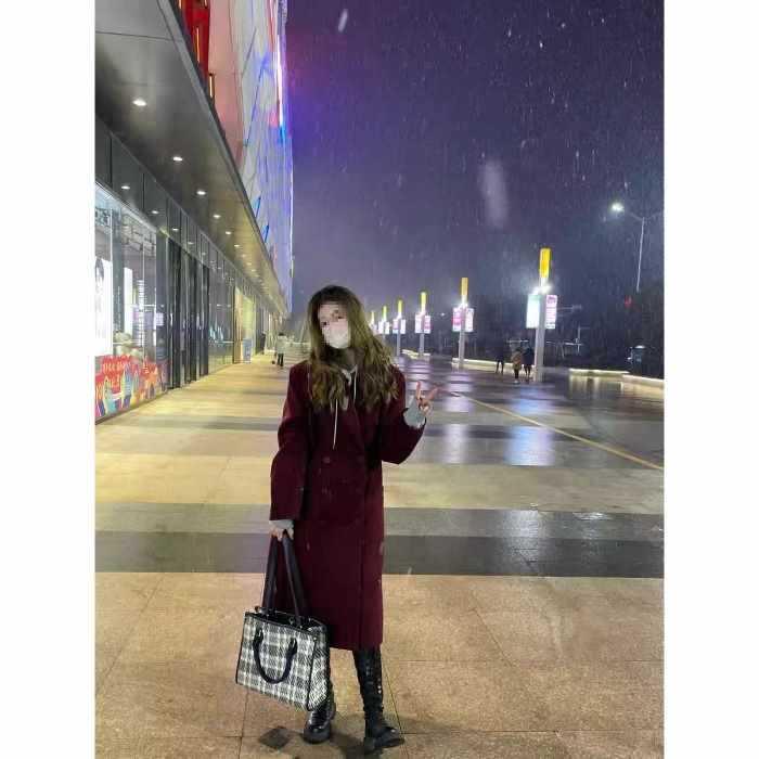 Женское бордовое шерстяное пальто: Новый Осень/Зима, Высококачественный, Теплый, Стиль Хепберн XL