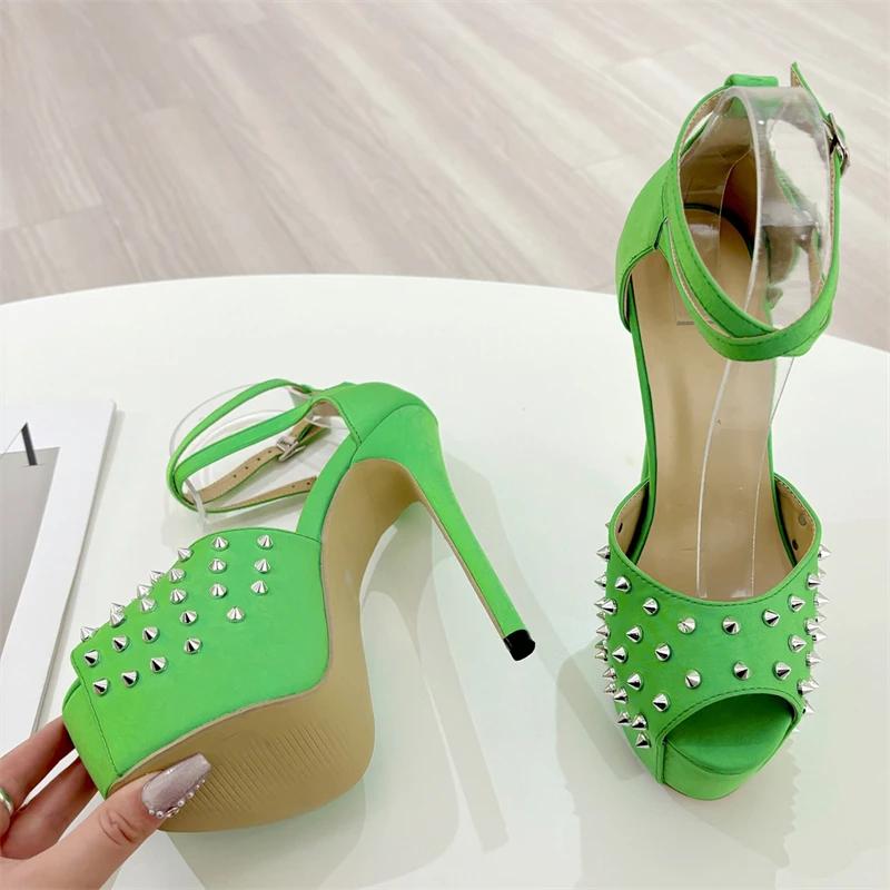 Fashion Eilyken Fashion Green Rivet Platform Buckle Strap Women Pumps Sexy Open Toe Ultra Stiletto High Heels Nightclub Prom Shoes
