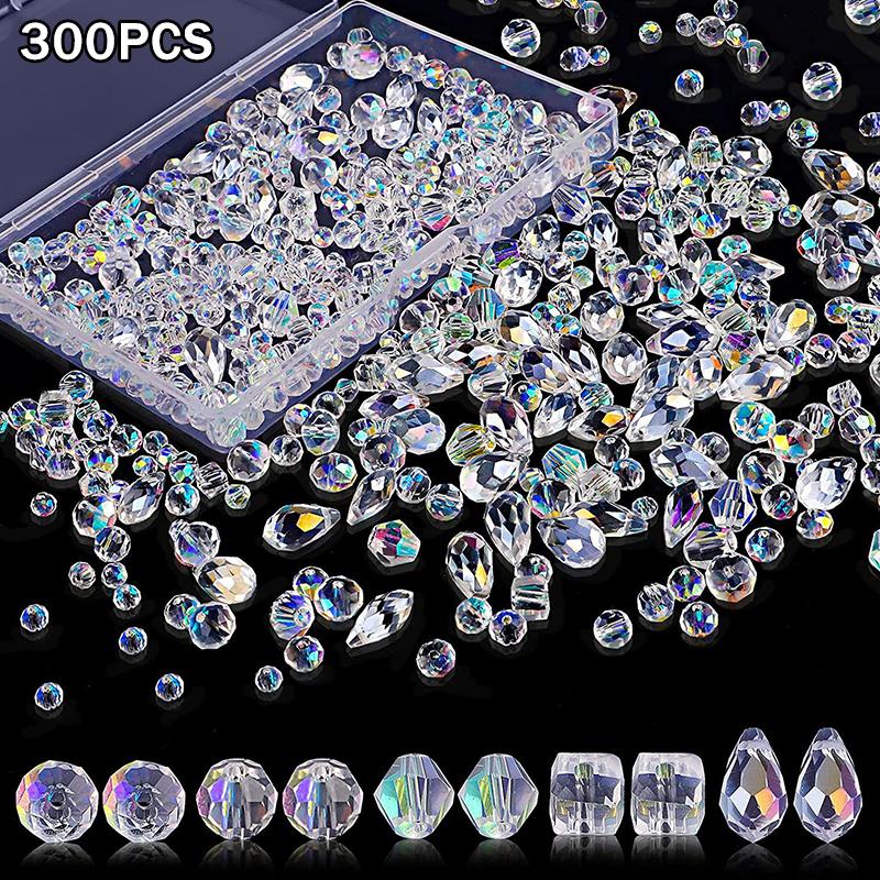 300Pcs Mixed Sizes Crystal Rondelle Light Ab Gems Loose Beads Clear Crystal Glass Crafts Shiny Jewelry Diy Necklace Kit