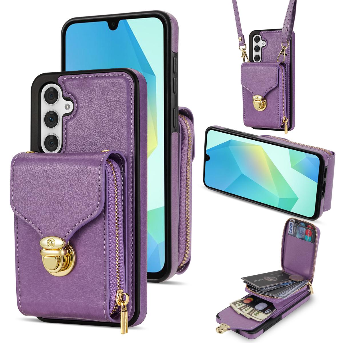

For Samsung Galaxy A16 5G/4G Case Zipper Wallet Leather+TPU Phone Cover with Strap Purple