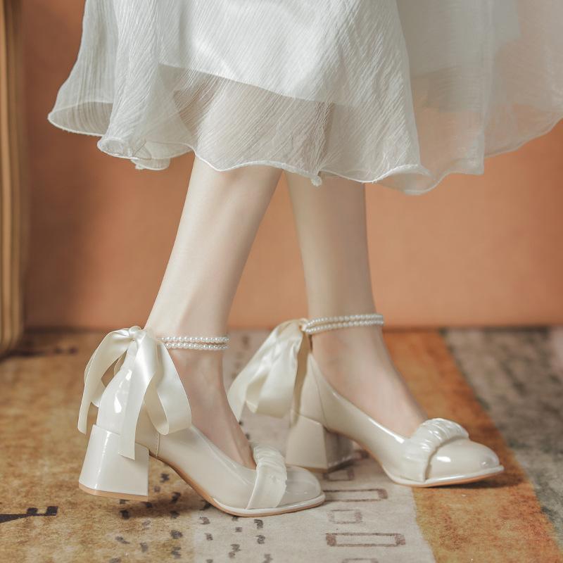 Scarpe da damigella d'onore per fidanzamento vento fatato non stancano da indossare quotidianamente, delicato vento serale tacchi spessi tacchi alti Mary Jane scarpe singole donne