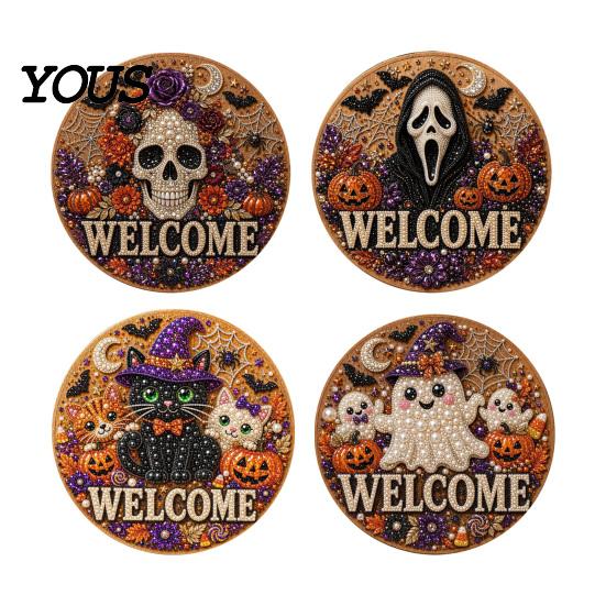 Handmade Welcome Sign Crafts Halloween Faux Pearl Door Kit, Ghost Skull Skeleton Cat Kit Painting Arts for Wall Decoration