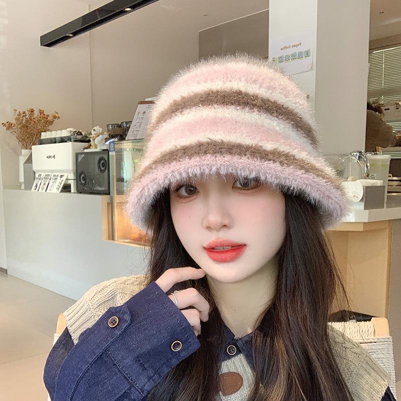 

Женская осенне-зимняя корейская полосатая вязаная шляпа-панама, универсальная милая шляпа-ведро из дофаминовой шерсти