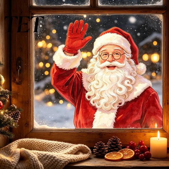 Fensterdekoration für den Außenbereich Weihnachten Statische Fensterbilder, Winkende Weihnachtsmann-Aufkleber, Nein?Kleber Entfernbar Party Dekoration Glasaufkleber für Balkon Haus Geschäft Feiertag