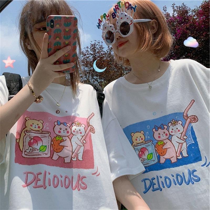 Summer New Small Fresh and Cute Cartoon Bear Print Loose Large Size Student Short-sleeved T-shirt Top Women