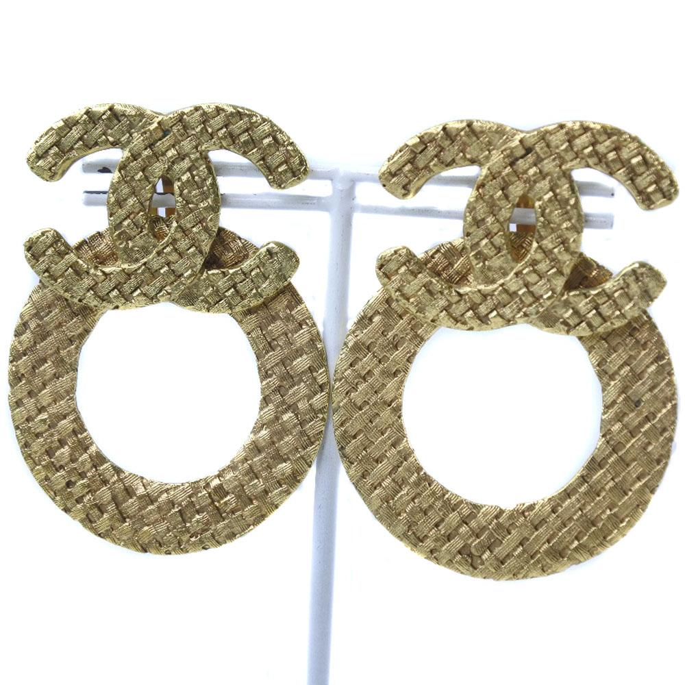 CHANEL COCO Mark Earring mesh Plated Gold 32.8g Women Used