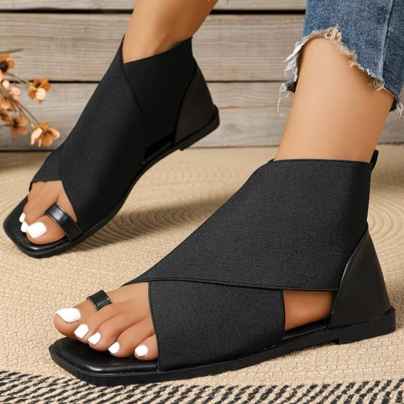 Women Square Toe Gladiator Sandals Elastic Strap Wrap Around Ankle Flat Sandals Toe Loop Summer Beach Comfortable Walking Shoes
