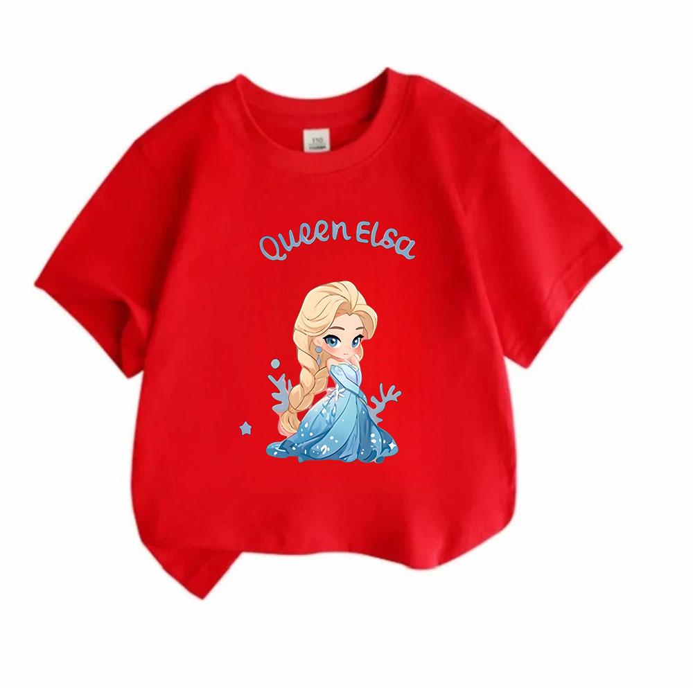 Kids Girls Boys Cute Queen Elsa Cartoon Print T Shirt 100% Cotton O-Neck Short Sleeve Casual Summer Tee Tops Soft Breathable Lightweight Warm Child To