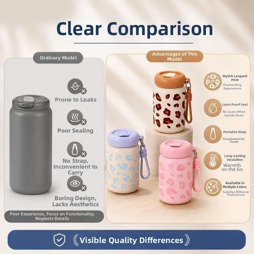 Leopard Print Straw Thermos Cup 360ml Drinking Water Cup Insulated Water Bottle Kitchenware