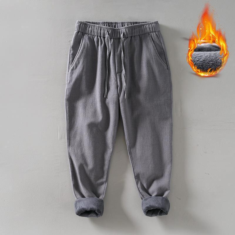 L8234 Men's Retro Loose Straight-Leg Cotton Pants - Warm Fleece-Lined, Drawstring, Long Fit