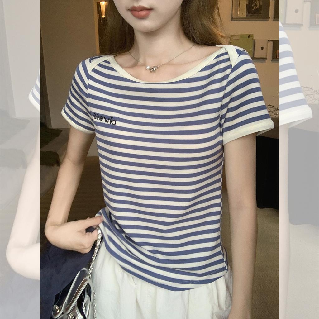 Korean striped contrasting color embroidered short-sleeved t-shirt women's summer new loose and thin niche design top