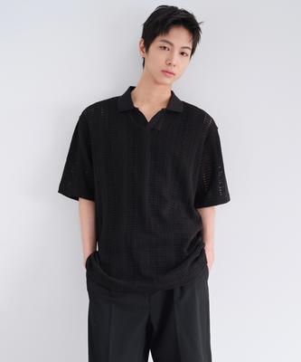 Vertical Crochet Slit Neck Polo Shirt [Black]