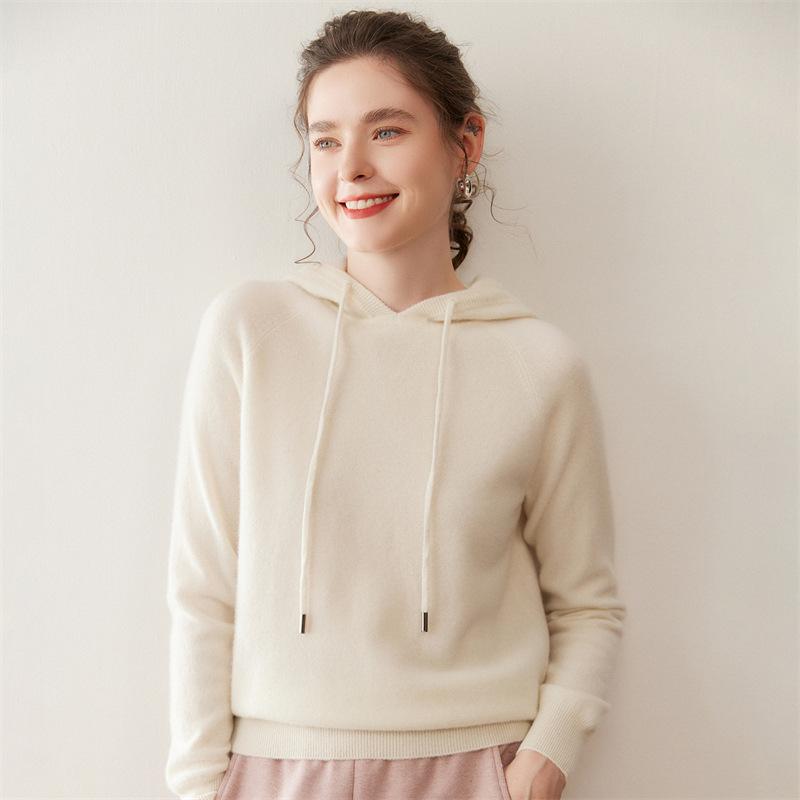Women's Long Sleeve Cashmere Drawstring Hoodie – Autumn/Winter Versatile Knit Sweater Top