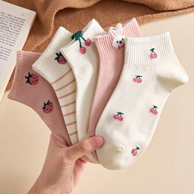 5 Paar Damen Kurze Rippstrick-Socken/Rosa Kirsche Erdbeere Hase Muster/Bequem Atmungsaktiv Lässig Street Style/Frucht