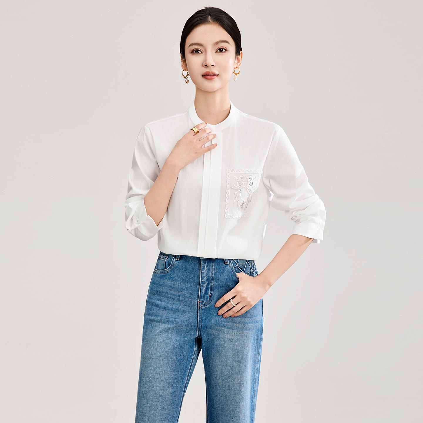 Simple Elegant Tencel Cotton Beaded Sequin Embroidered Loose Long Sleeve Women s Spring Shirt L белый