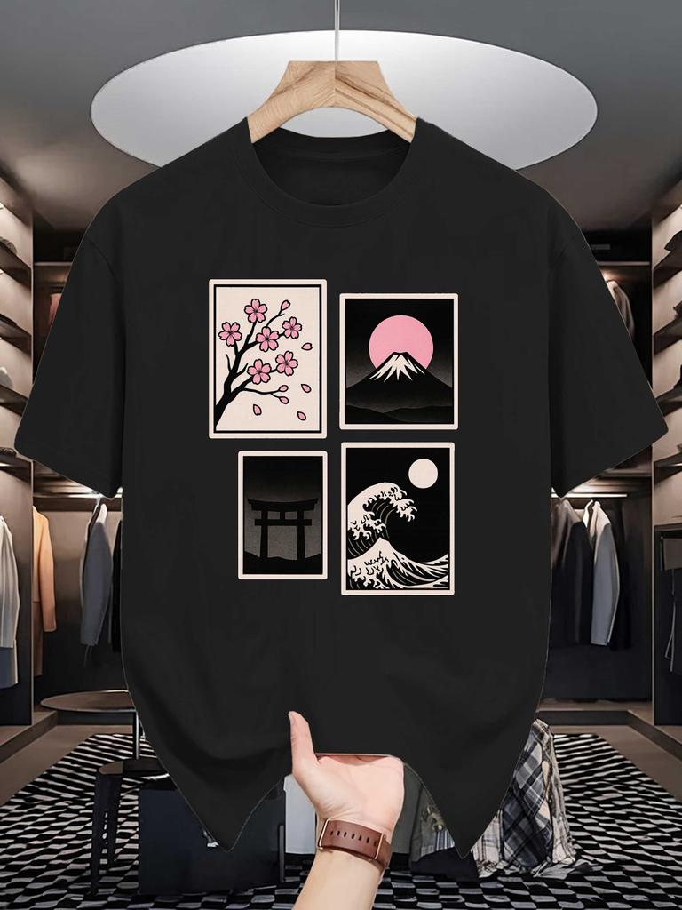 Unisex Crew Neck Tee Japan Ukiyo Landscape Art Graphic Print Soft Cotton Loose Short Sleeve Summer Casual Male Streetwear Tops