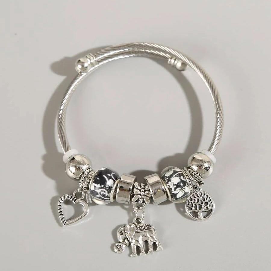 

Obega Heart Elephant Lucky Tree Pendant Charm Bracelet Shiny Silver ColorMetal Bead Cuff Bangle Simple Style Ins Party Jewelry