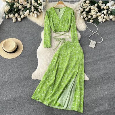 Women Vacation Bohemian Two Pieces Suits Summer Lace Up Top Split Long Skirt Sets