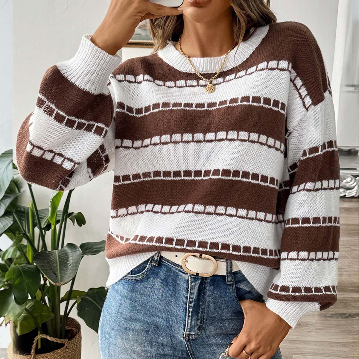 

Женский трикотажный пуловер с круглым вырезом и длинными рукавами, осенне-зимний, в клетку и полоску, с контрастной цветной вставкой XL коричневый