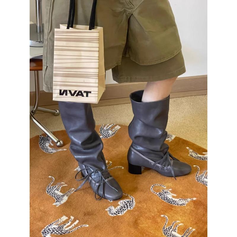 Retro strap new niche design pants boots thick heel thick sole boots but knee pointed lace-up knight boots