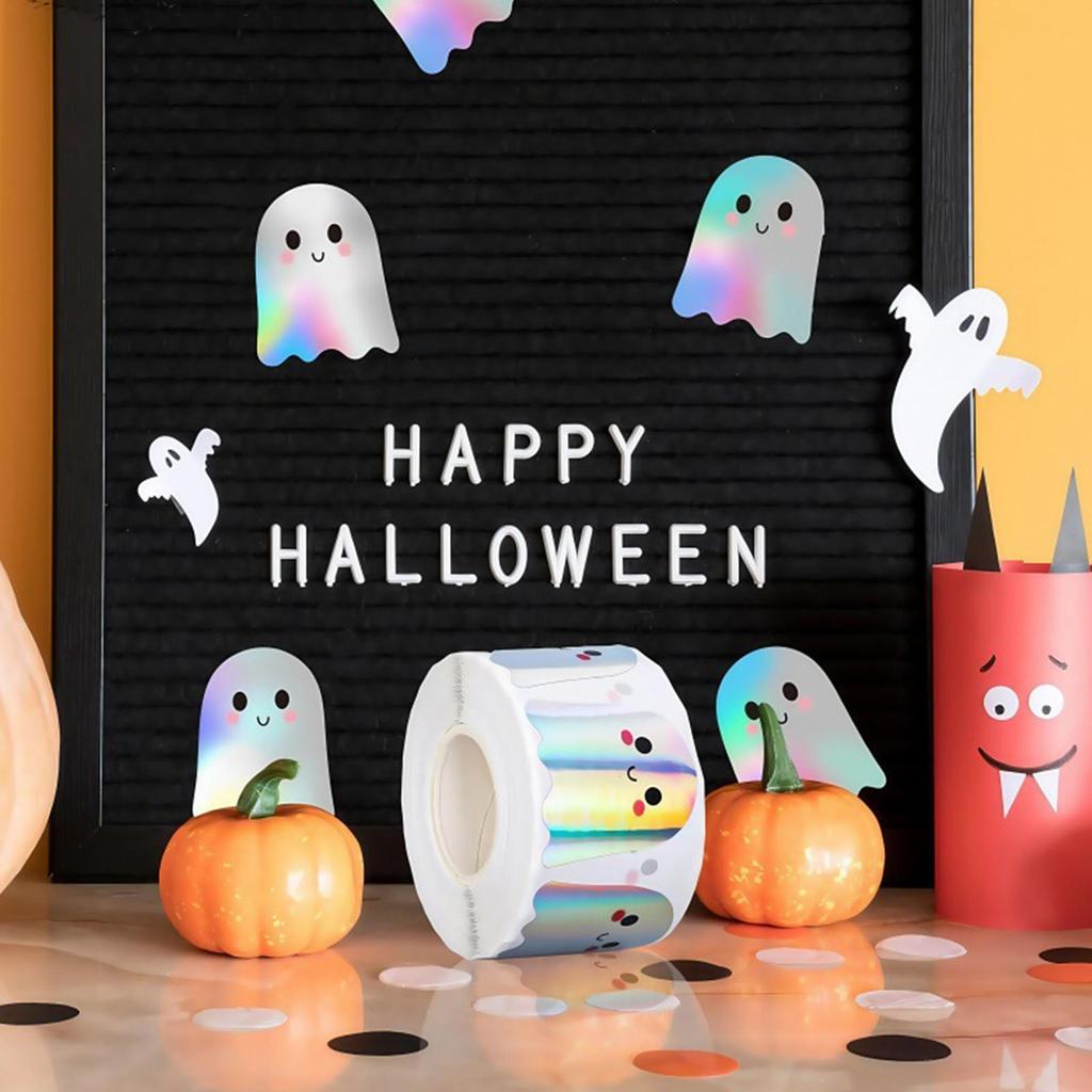 500pcs/roll Halloween Decorations Stickers Ghost Adhesive Stickers Room Decor Holographic Decals For Crafts Bottle Bags Book