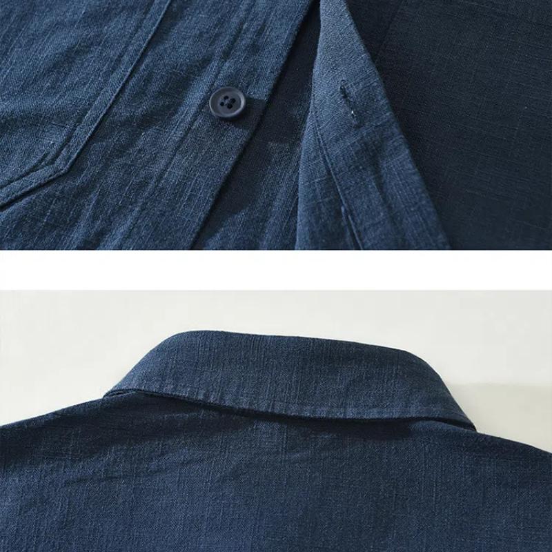 Spring and Summer Cotton Linen Long Sleeve Men Shirt Chinese Style Casual Shirts Lapel Collar Solid Color Button Up Shirt Multi Pocket Overshirt