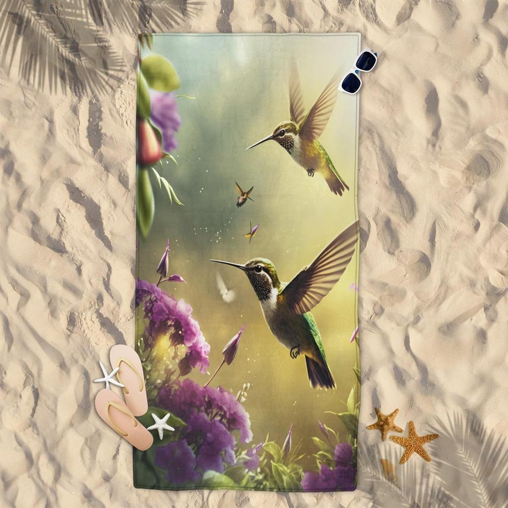 Hummingbird Flower Beach Towel,Large Microfiber Quick Dry Lightweight Pool Bath Towels Sand Free Beach Blanket for Summer Cruise