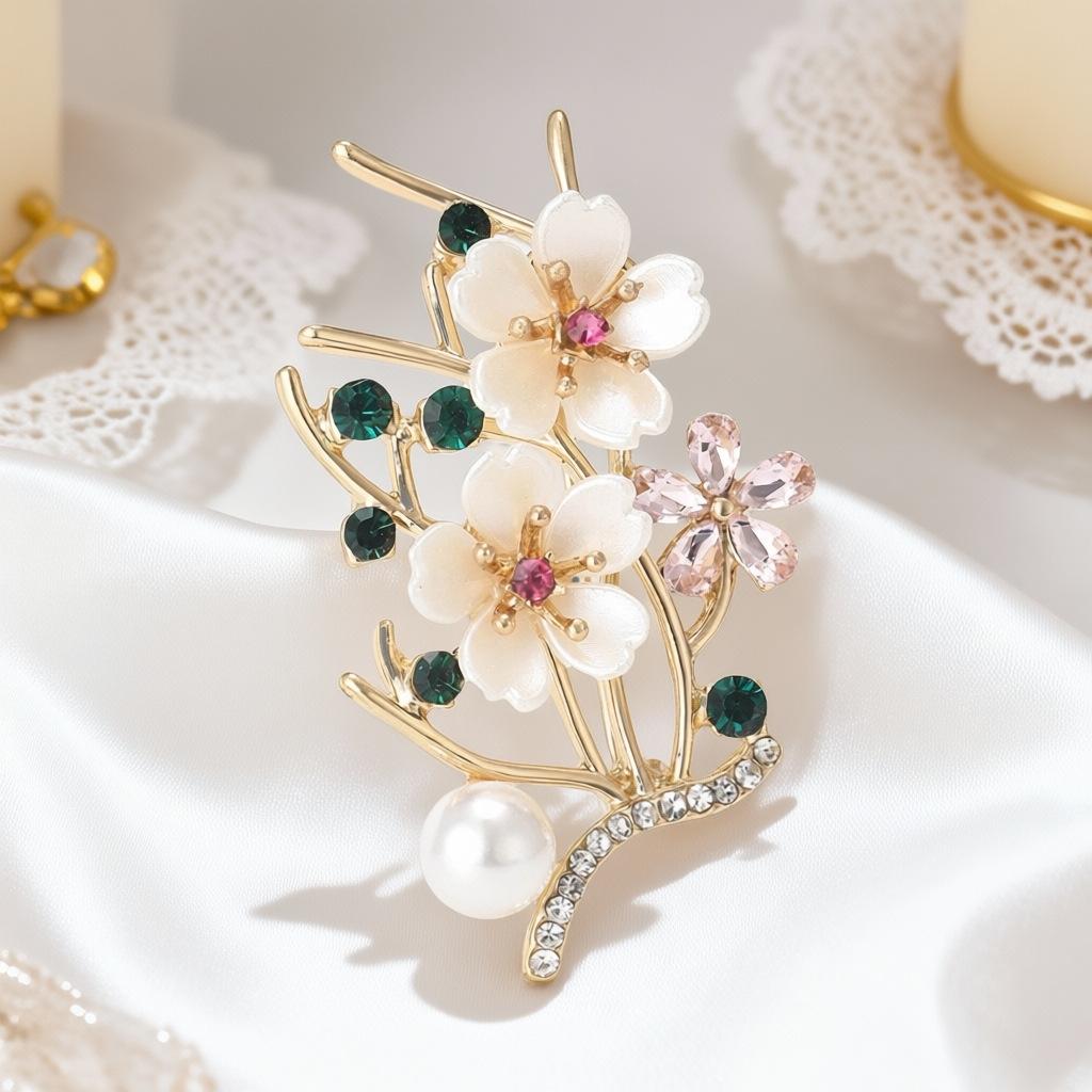 Alloy Rhinestone Peach Branch Brooch Accent Light Luxury Lapel Pin Elegant Versatile Women's Clothing Accessory PD2531