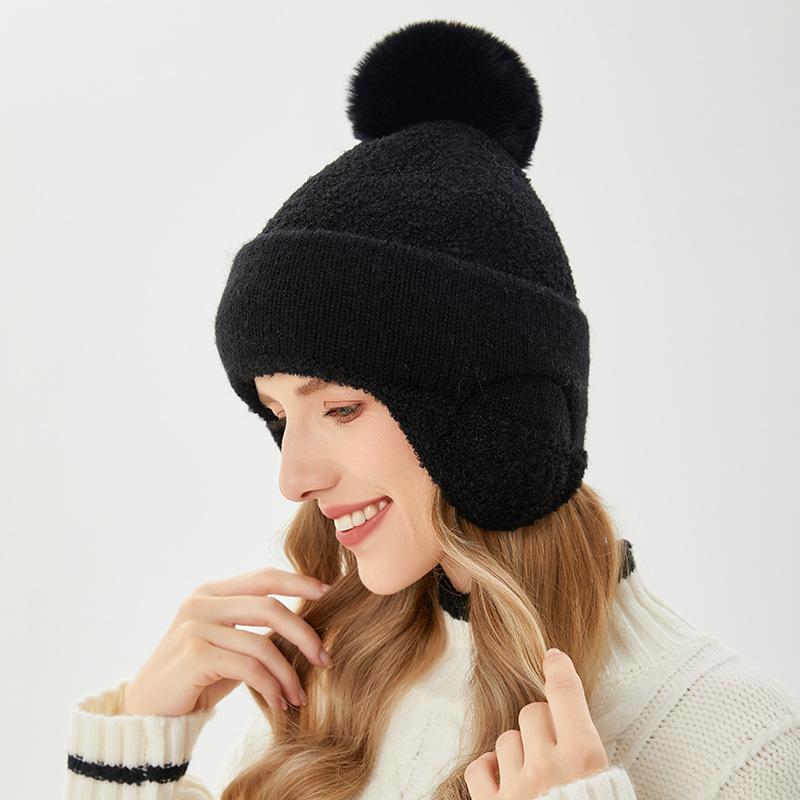 Winter Women's Warm Velvet Ear Protection Hat Solid Color Versatile Wool Ball Hoop Yarn Woolen Hat Outdoor Cold Proof Cycling Hat Trendy