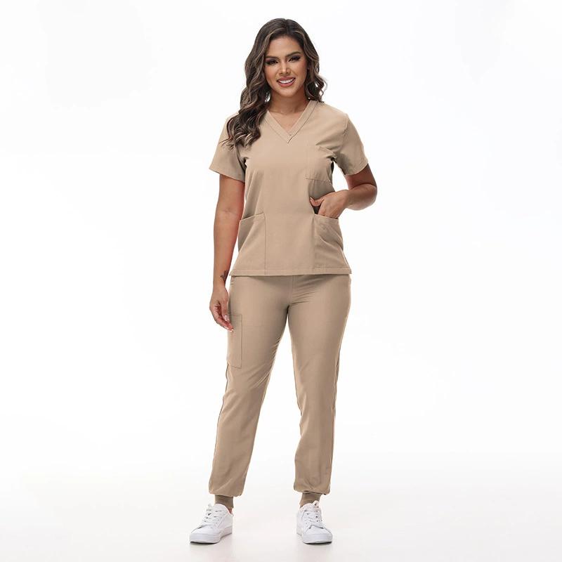 Dehnbare Krankenschwesteruniformen V-Ausschnitt Oberteil Jogginghose Kasack-Sets Chirurgische Arbeitskleidung Zahnarzt Pflegeanzug Krankenhaus Arzt Outfit L beige