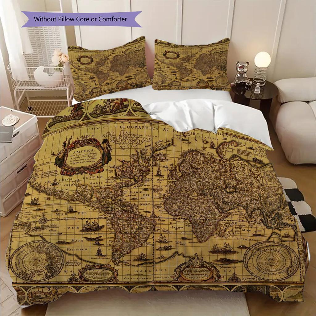 Vintage Maritime Adventure Map Three-piece set (1 * duvet cover + 2 * pillowcase, without core) 2D Flat Duvet cover and pillowcase