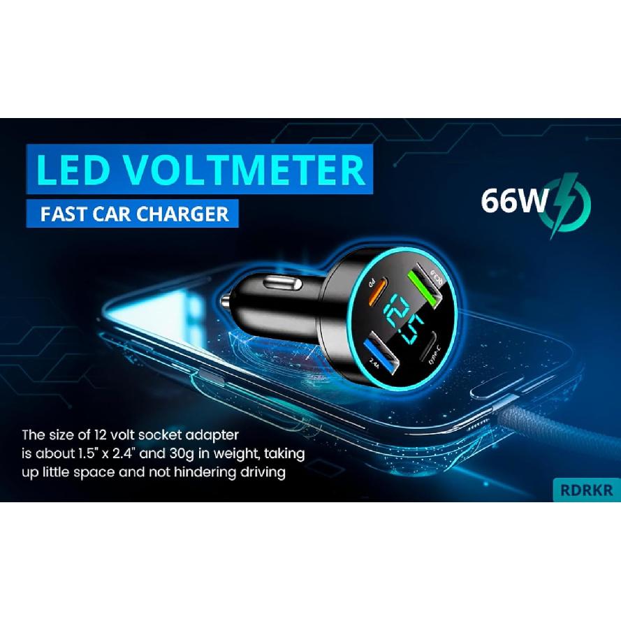 66W Car Charger - 4-Port USB Charger, 2 * USB 2.4A + PD + Type C Cigarette Lighter Adapter, Voltage Meter Compatible with Samsung, iPhone and Other