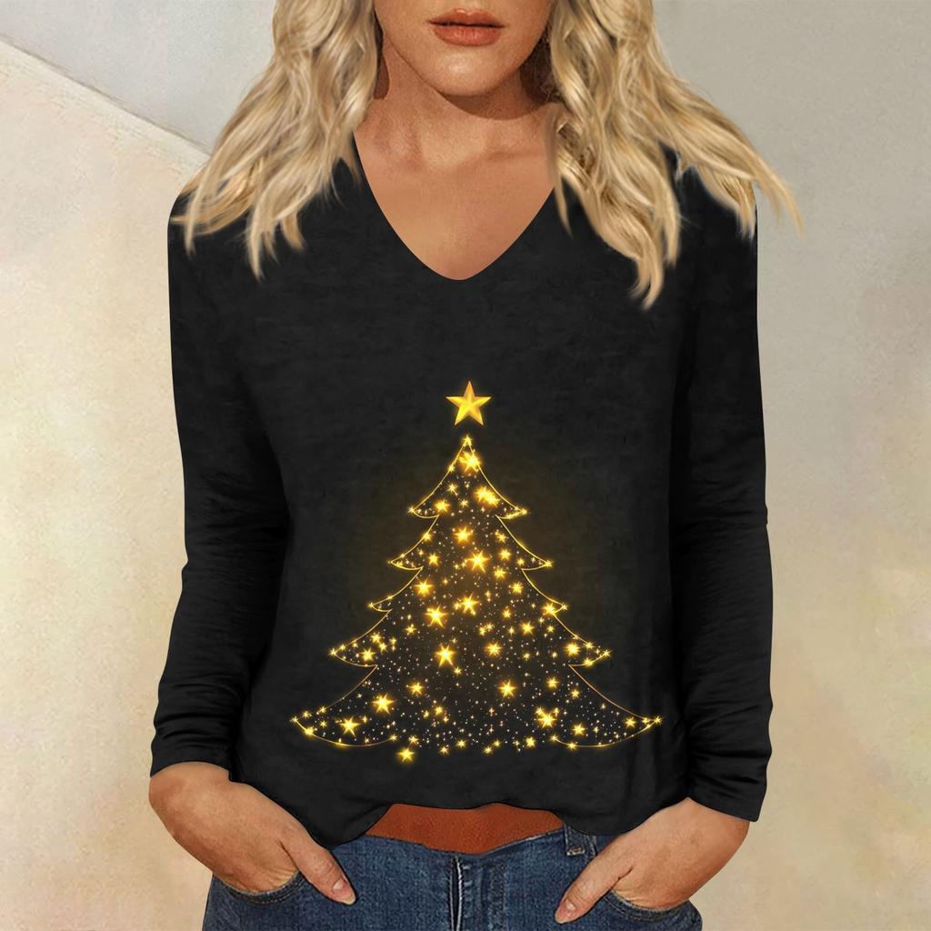 Women's Casual Fashion Christmas Graphic Printed Casual Print Long Sleeve V-Neck Pullover Top Blouse