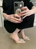 Fashion Black Beige Silver Women Sandals Pointed Toe Summer Dress Shoes Thin High Heels Rhinestone Buckle Back Strap Slides Wedding 39