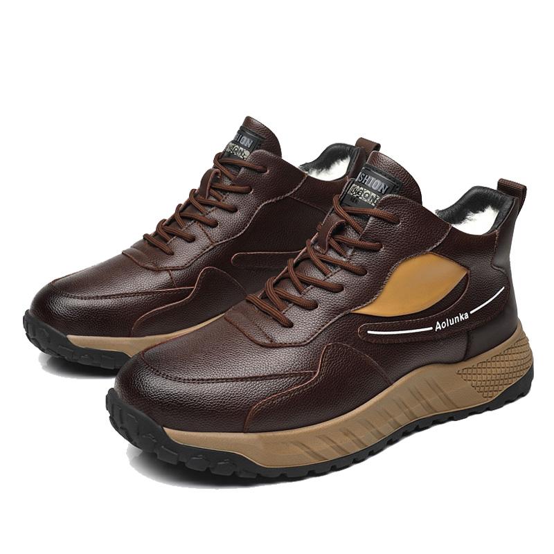 

Зимние теплые хлопковые ботинки для мужчин, модные повседневные коричневые новые дизайнерские туфли из коровьей кожи, мужские ботильоны на мягкой подошве и платформе 44 коричневый