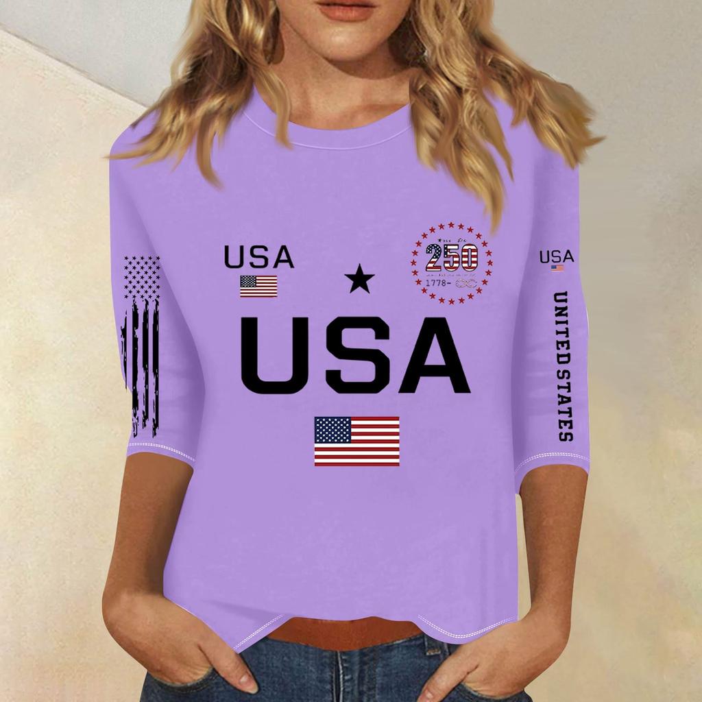 3/4 Sleeve Tops For Women T-Shirt Casual  Print Tops T Shirt Round Neck Pullover Blouse