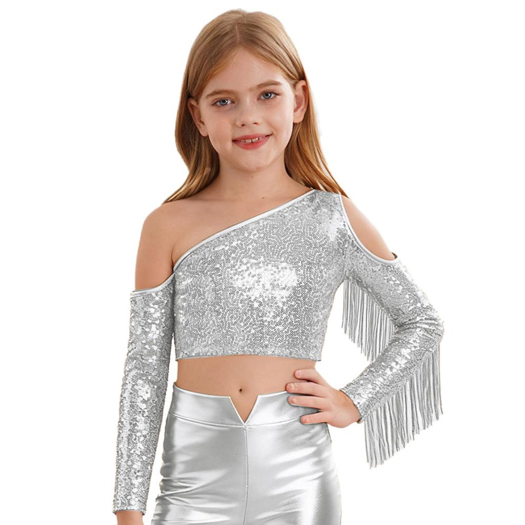 Mädchen Performance Top Ein Schulter Langarm Pailletten Quasten Detail Schönheitswettbewerb Bühne Wettbewerb Crop Top