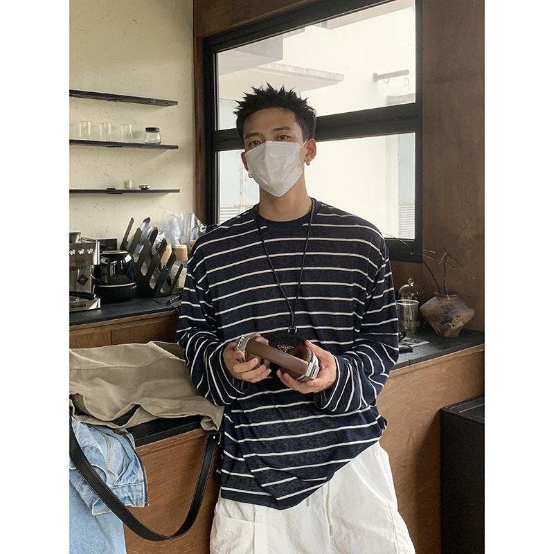 Men's Retro Lazy Style Stripes Contrasting Color Thin Sun Protection Long-sleeved Shirt Men's and Women's Breathable Tops
