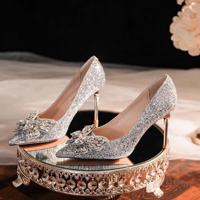 2025 New Spring New Style Popular Pointed Toe High Heel Sexy Transparent Rhinestone Knot Fashion Single Silver Zapatos Mujer