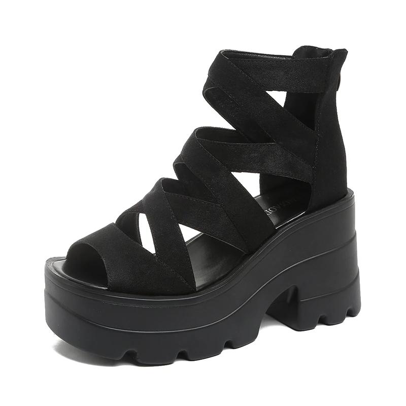 Fashion 2025 New Summer Women Square Heel Sandals Round Head Hollow-out Suede Back Zipper Waterproof Platform Non-slip High Heels Shoes