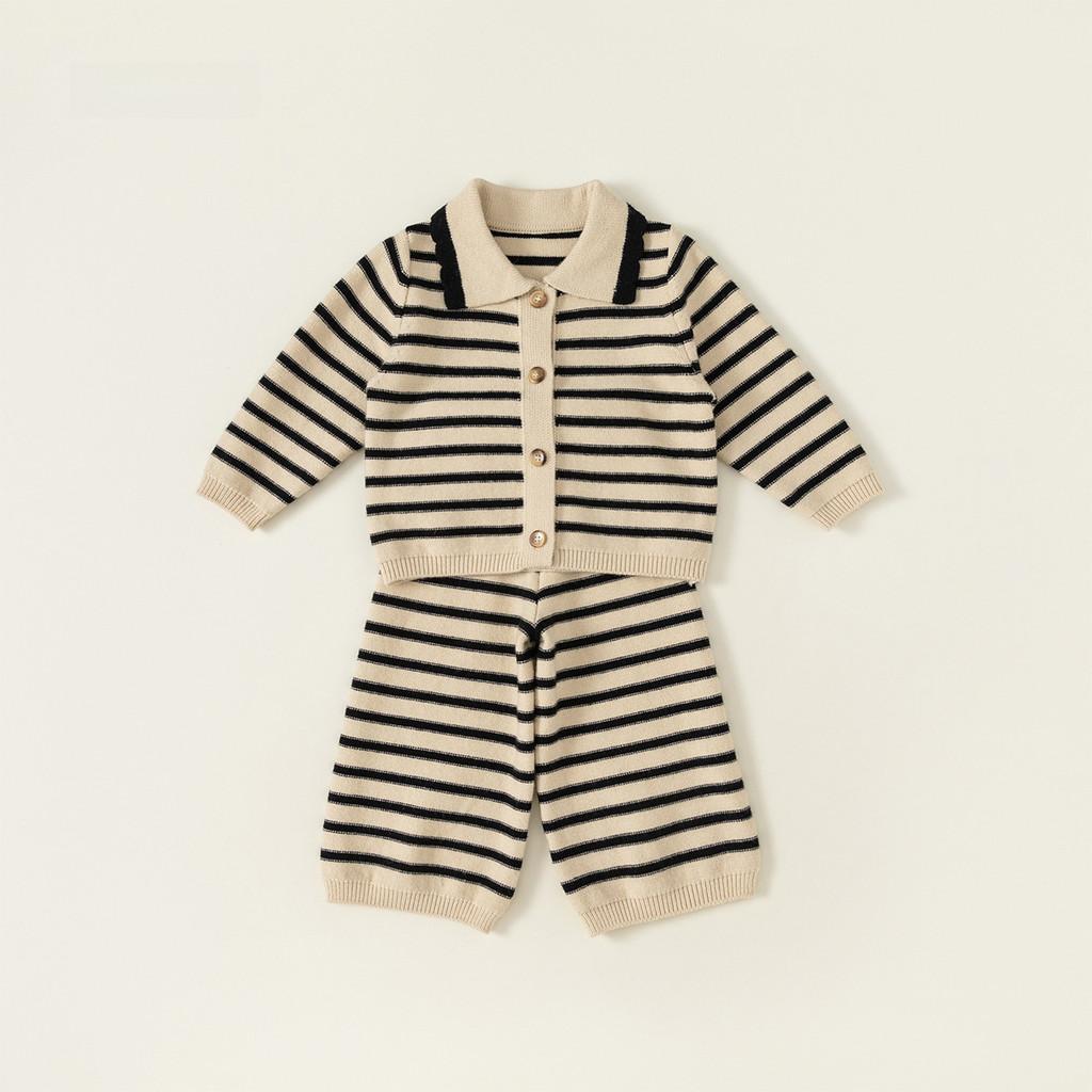 

Childrens Striped Knit Threepiece Set With Long Sleeve Pants For Toddler Girls Ivory Stripes,80CM