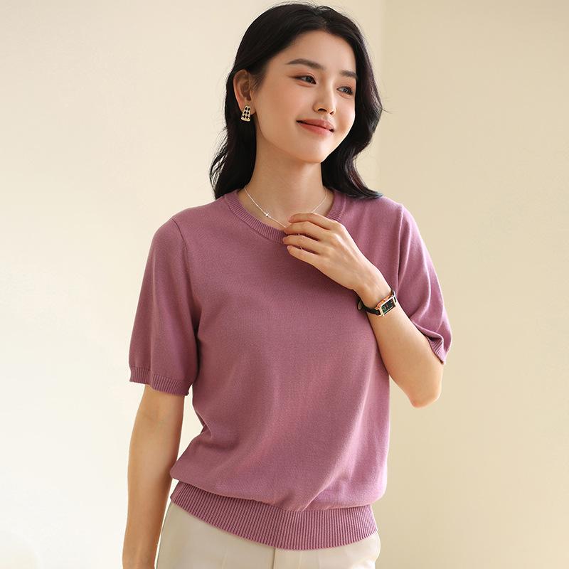 Spring Cotton Knit Short Sleeve Outerwear - Round Neck Loose Fit Solid Color Top